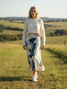 Topshop Watercolor Midi Skirt in Cream, Blue, Green and Tan Size 6